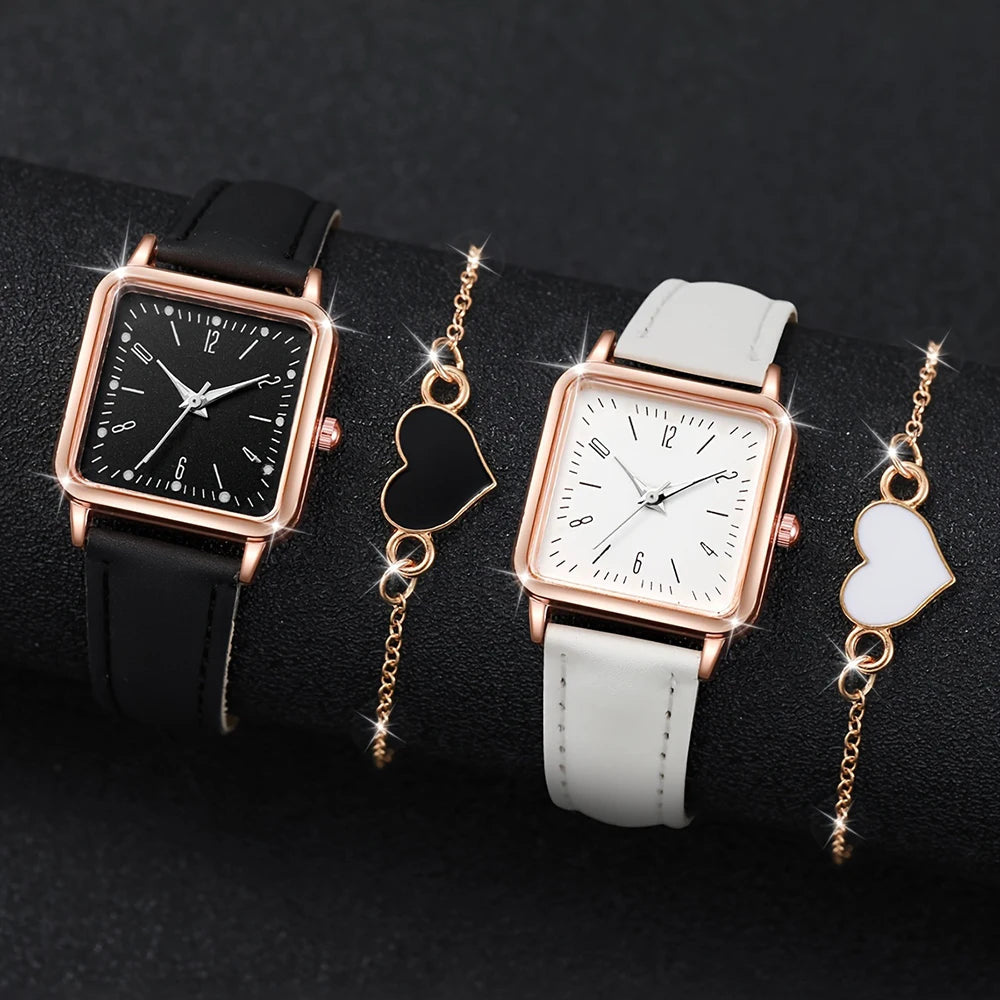 4PCS Fashion Minimalist Watch Luxury Men's and Women's Leather Belt Business Leisure Bracelet Quartz Watch