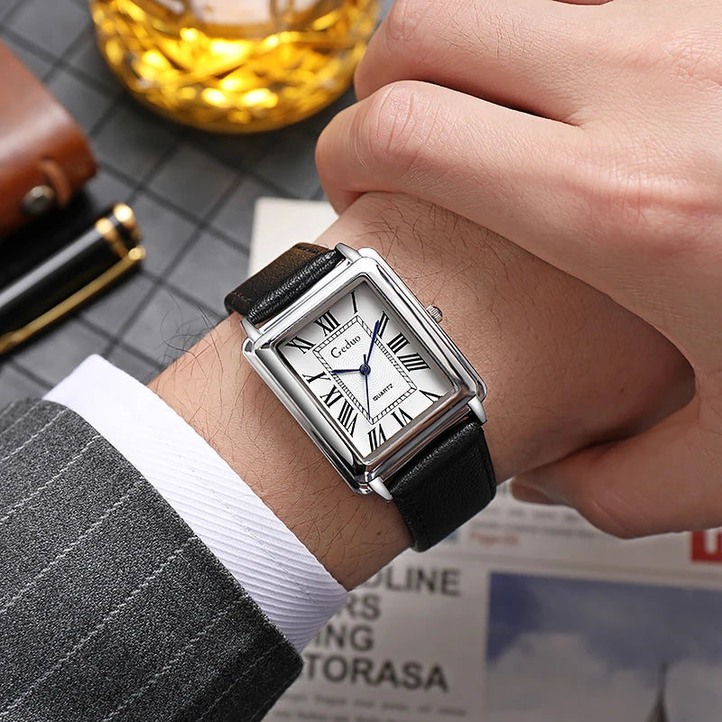 New Fashion Luxury Designer Rectangle Dial Quartz Watch Men Leather Band Casual Wrist watch Relogio Masculino uhren herren reloj